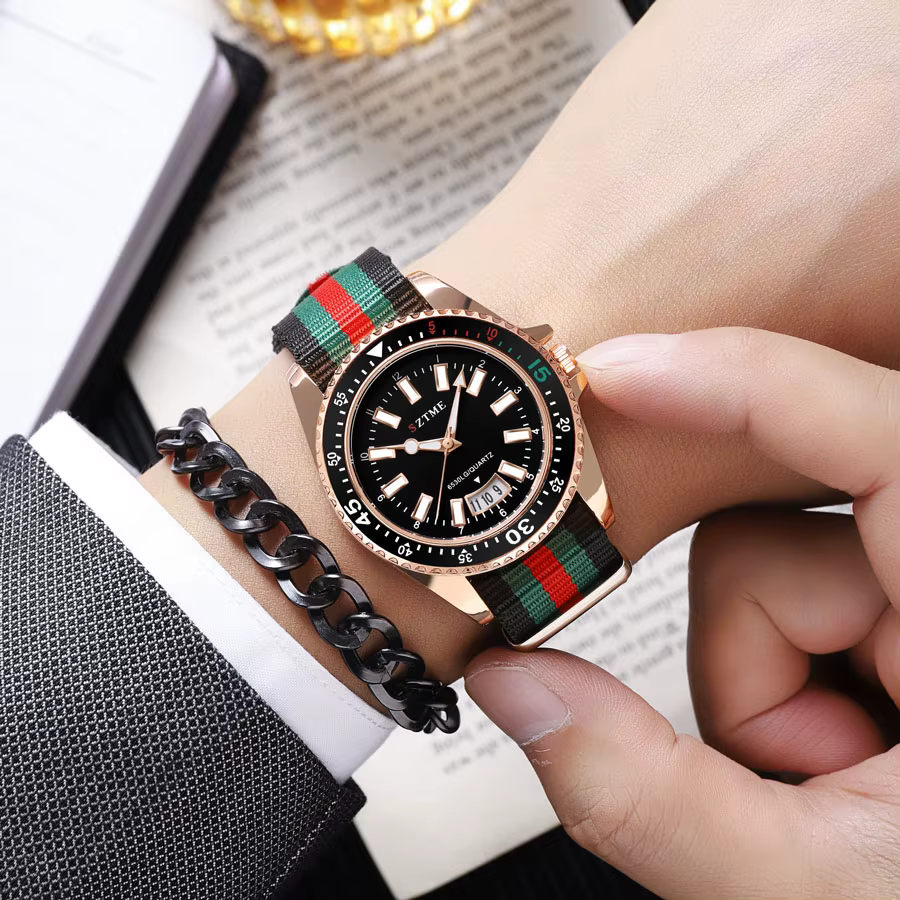 Nouvelle montre de calendrier à bracelet en nylon pour hommes à la mode