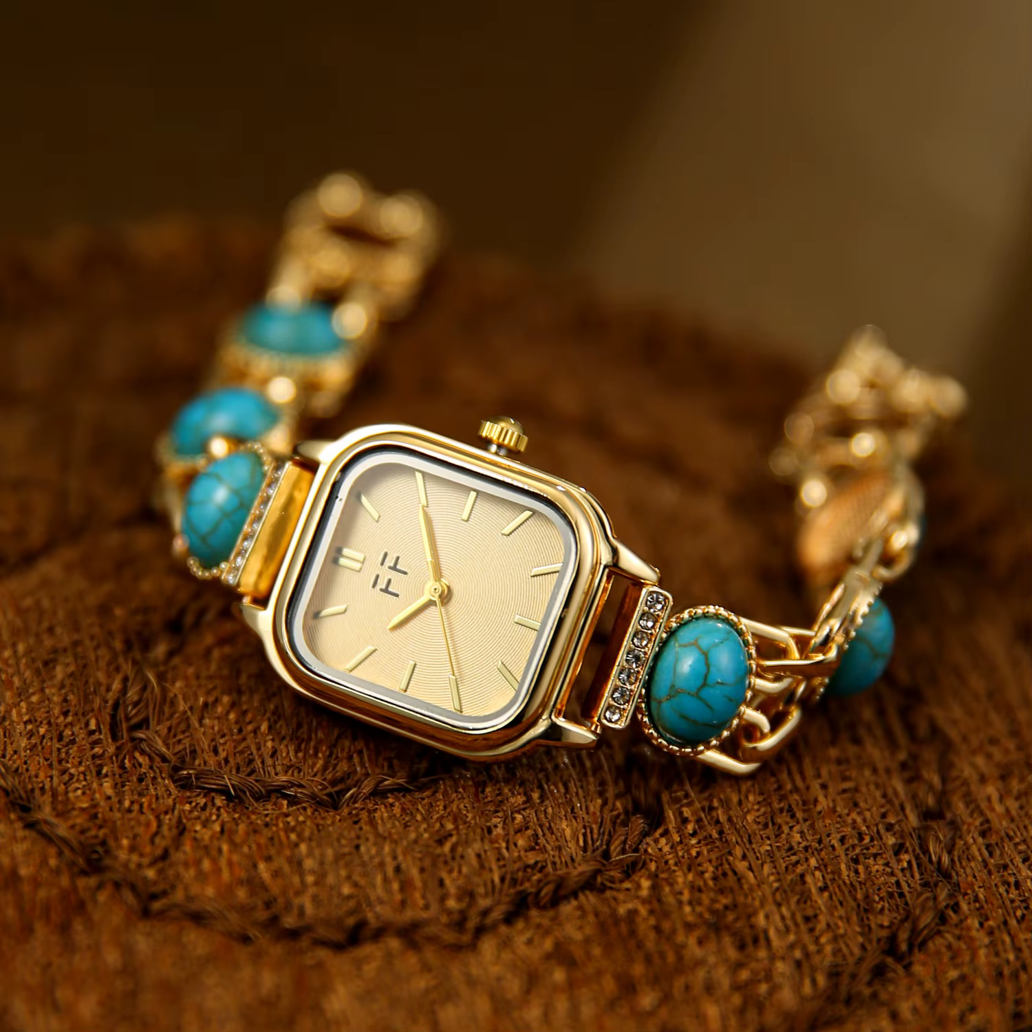 Montres pour femmes tendance avec bracelet incrusté de pierres précieuses turquoise artificielles