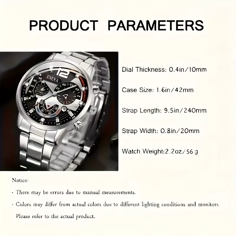 Ensemble de montre à quartz pour hommes 8 pièces, avec un cadran circulaire noir, un bracelet, un collier et une bague