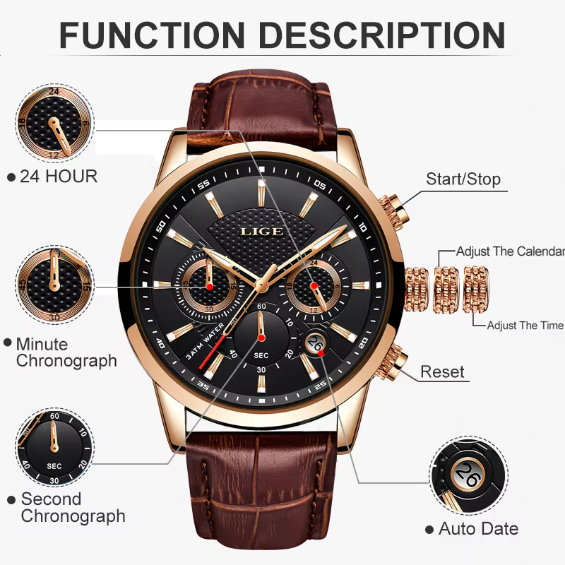 LIGE montre de luxe hommes en cuir Sport montres