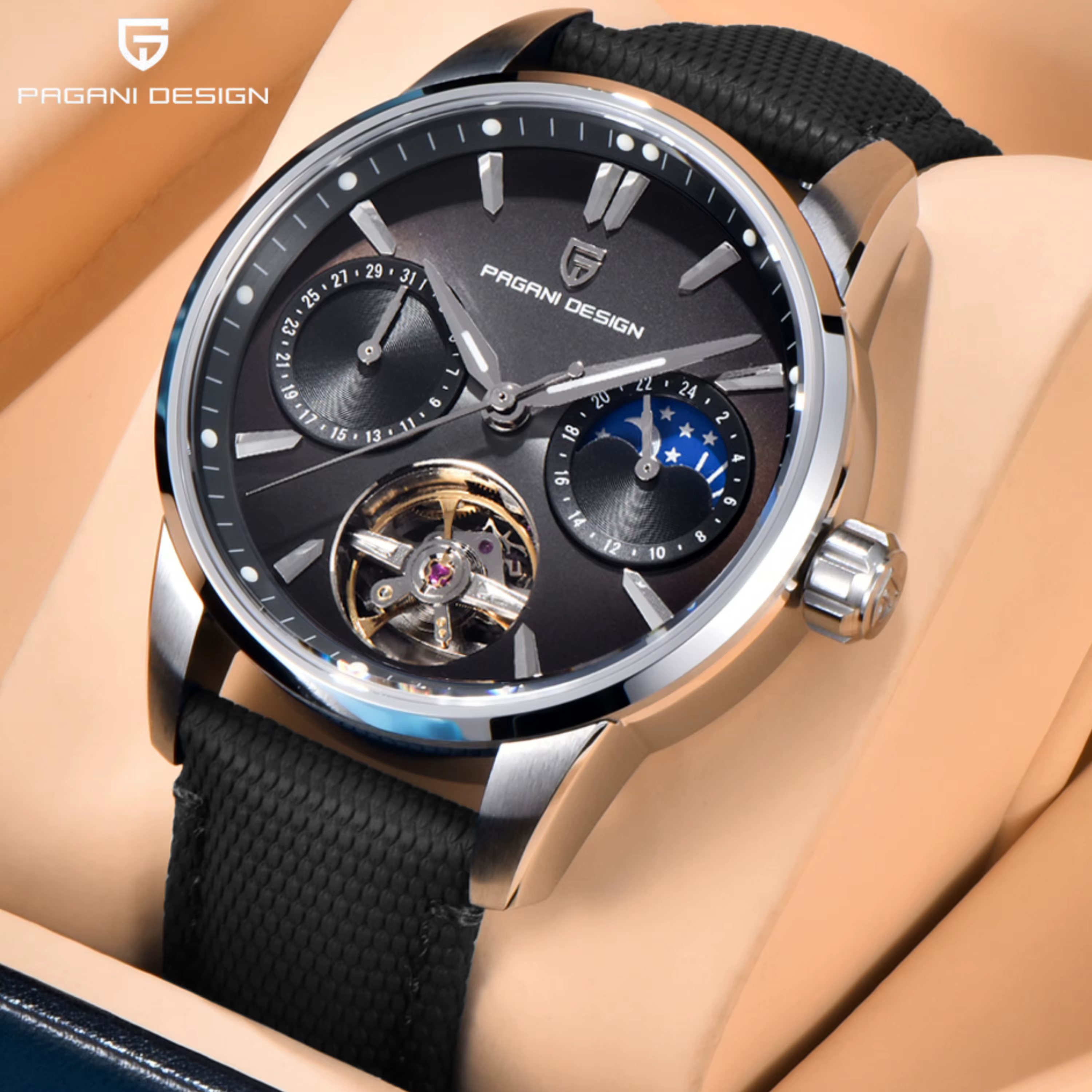 PAGANI DESIGN 2025 PD-YS021 montre mécanique de luxe pour hommes coeur ouvert Tourbillon phase de lune cadran violet saphir 41mm 100M WR
