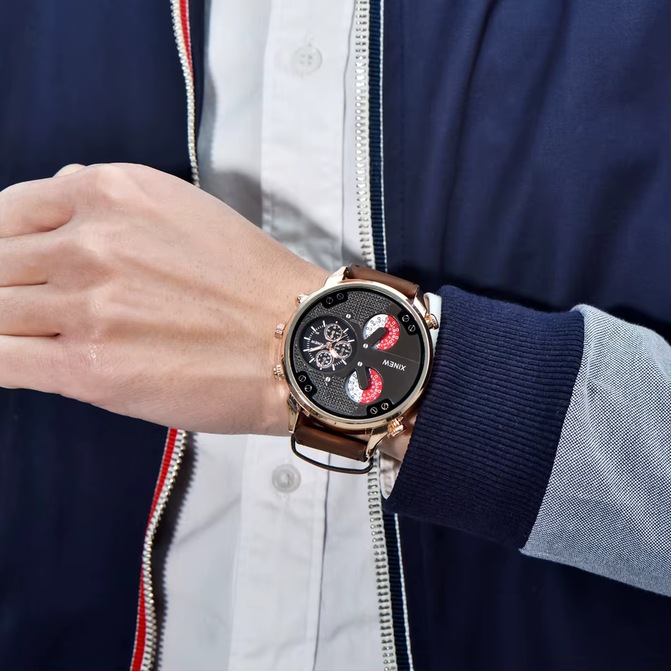 Original XINEW marque hommes montres noir garçons mode bracelet en cuir cadeaux Montre à Quartz Relogio Masculino