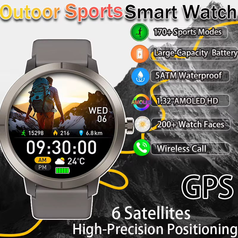 Montre connectée GPS 2026 AMOLED 1.32 HD avec appels Bluetooth, étanche 5ATM, 170 modes sportifs, batterie grande capacité 360mAh, bracelet remplaçable