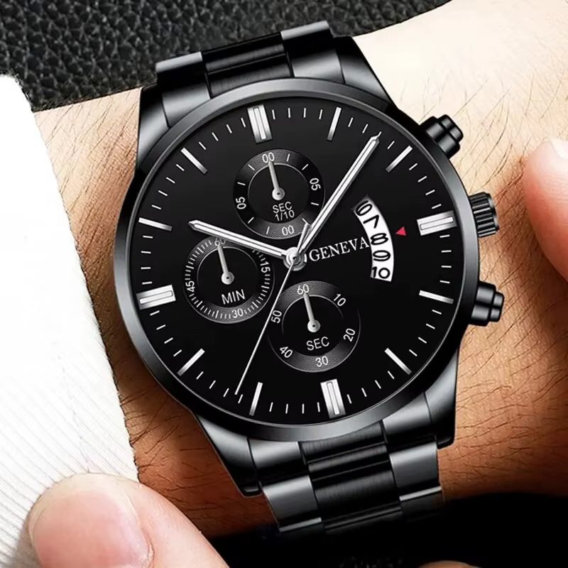 Mode hommes montres de luxe noir en acier inoxydable Quartz montre-bracelet homme montre d'affaires