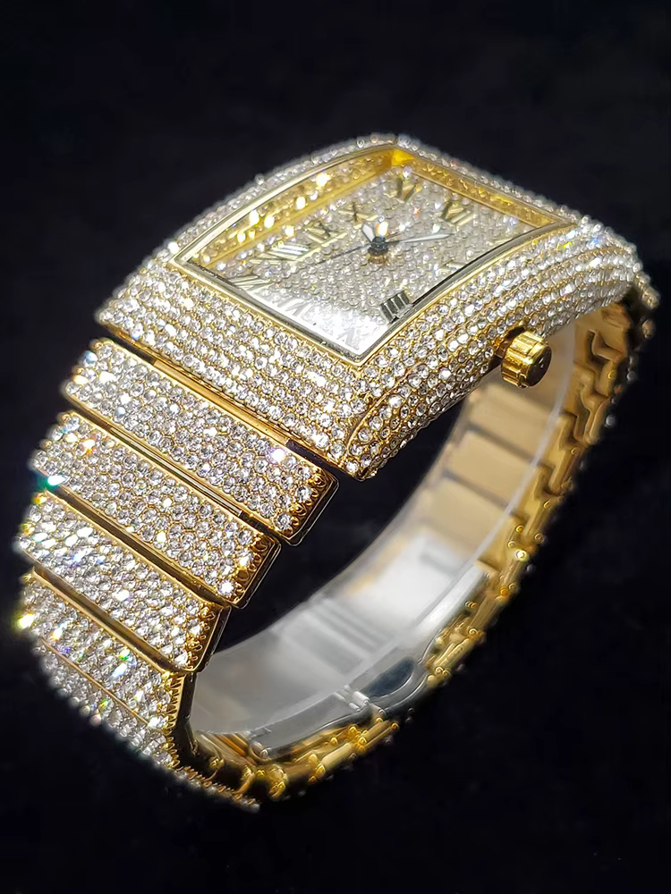 Montres pour hommes en or cadran rectangulaire de luxe diamant mode grandes