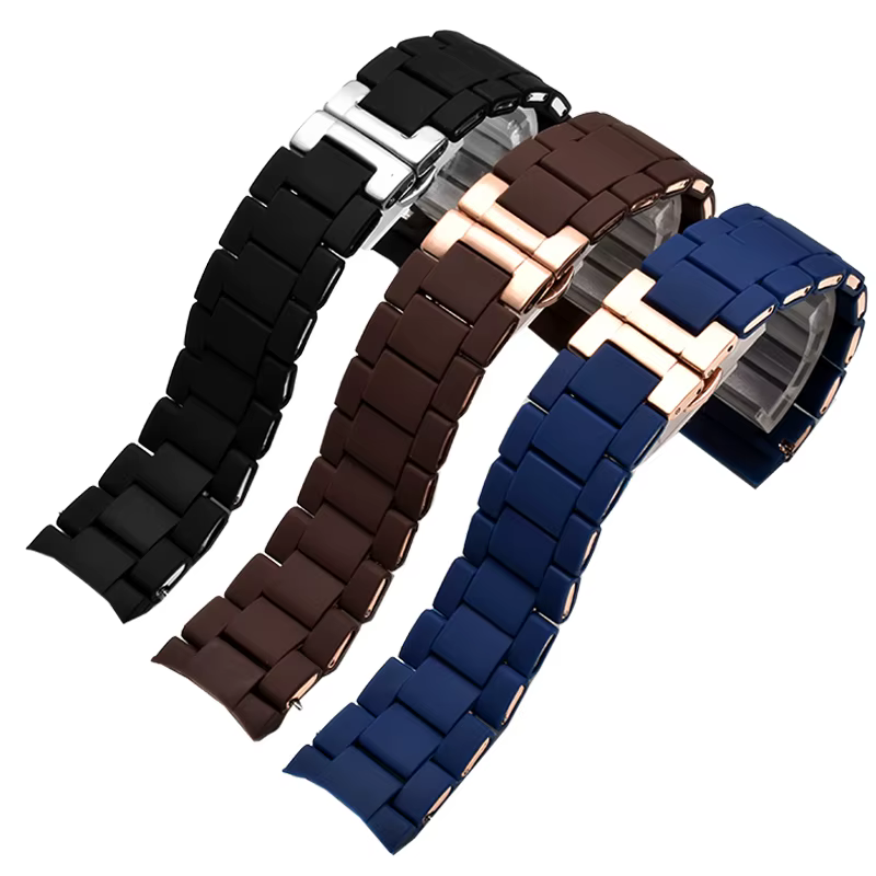 Bracelet de montre en acier plaqué caoutchouc silicone blanc et noir