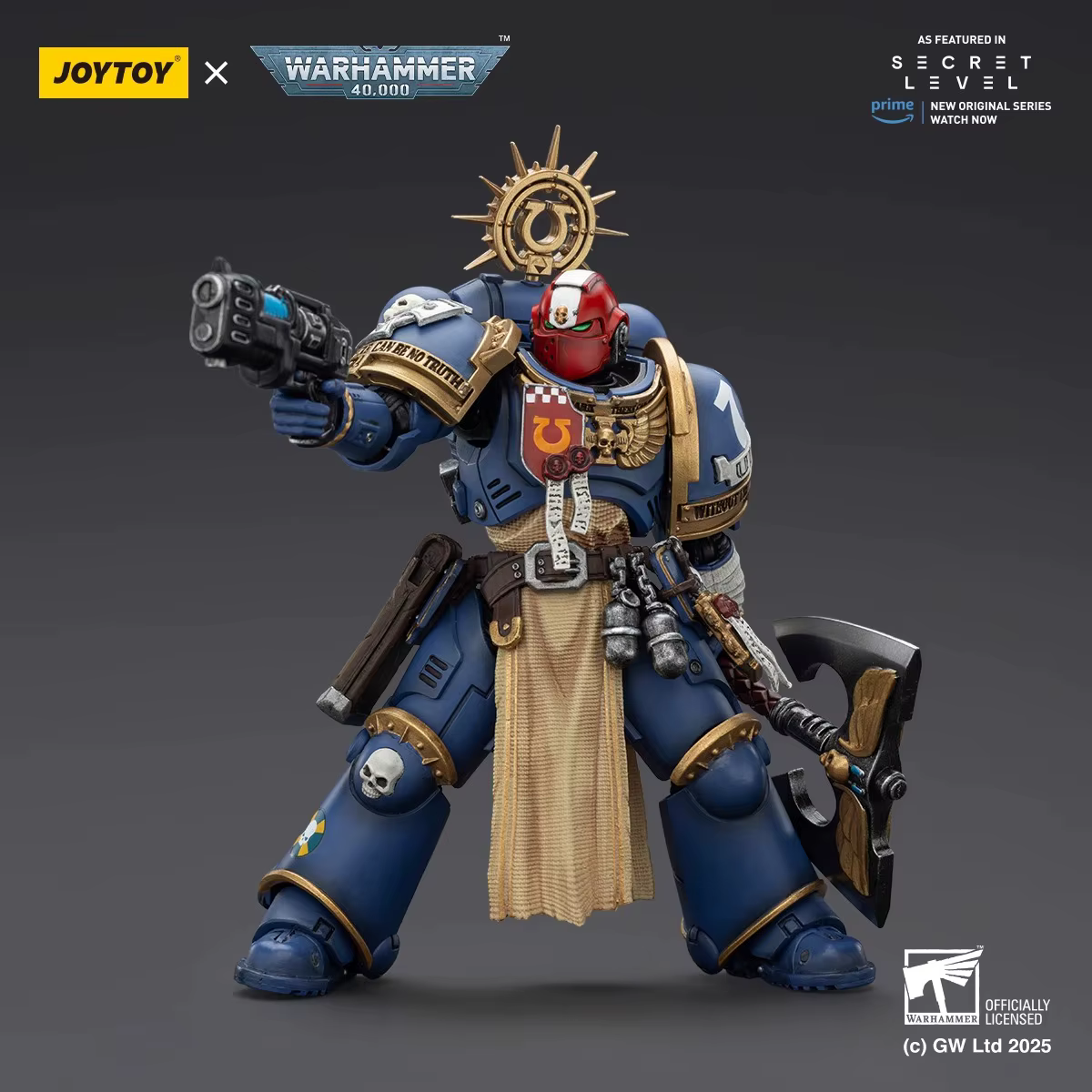 【Accessoires】Figurines d'action JOYTOY Warhammer 1/18 Ultramarines Metaurus avec hache puissante, bouclier de tempête et pistolet à plasma, modèle de jouet