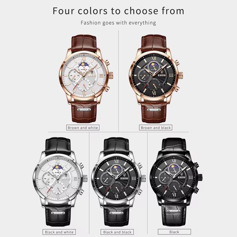 Montre à quartz en cuir marron pour homme