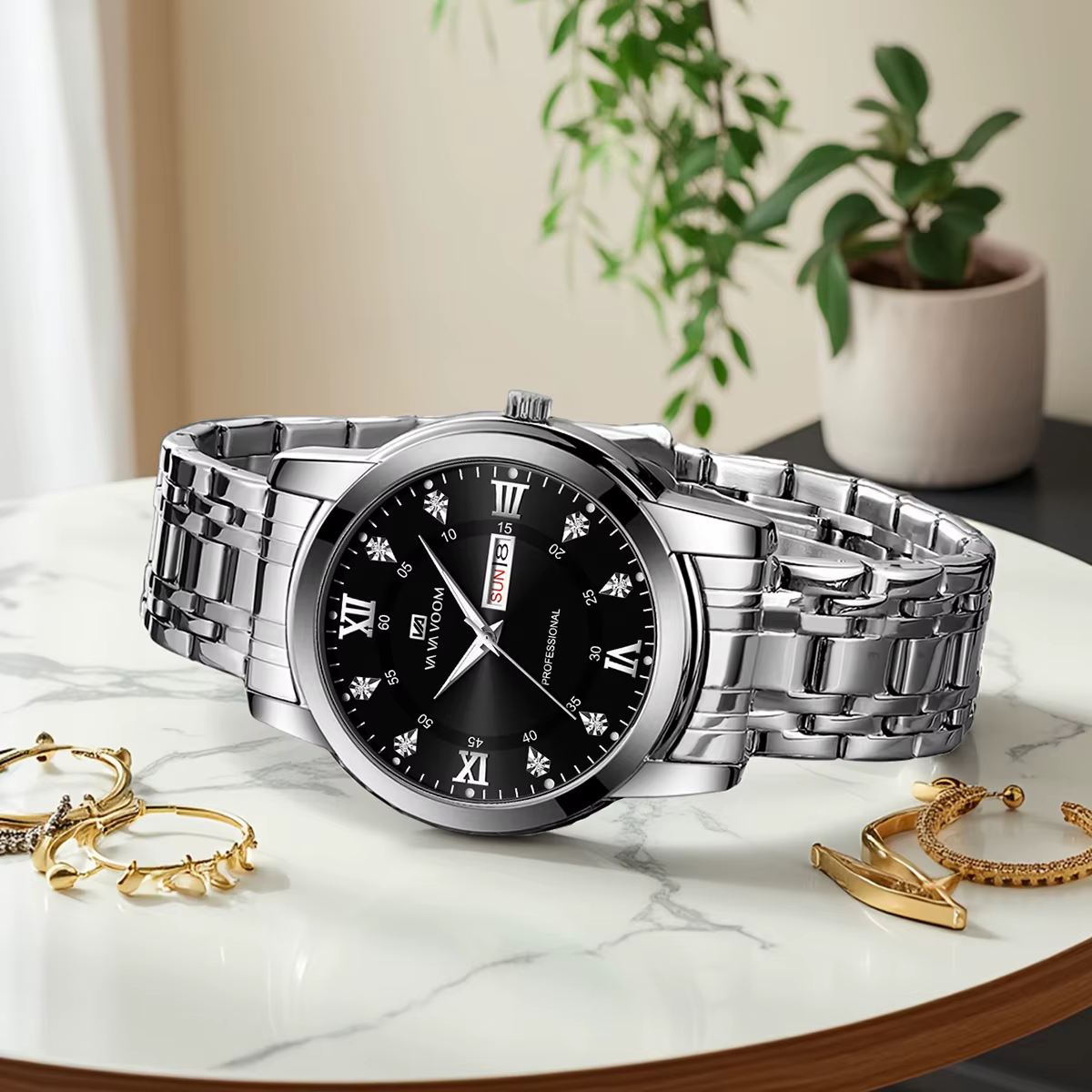 VA VA VOOM Top marque de luxe hommes montre semaine mouvement à Quartz horloge d'affaires noir en acier inoxydable 3Bar