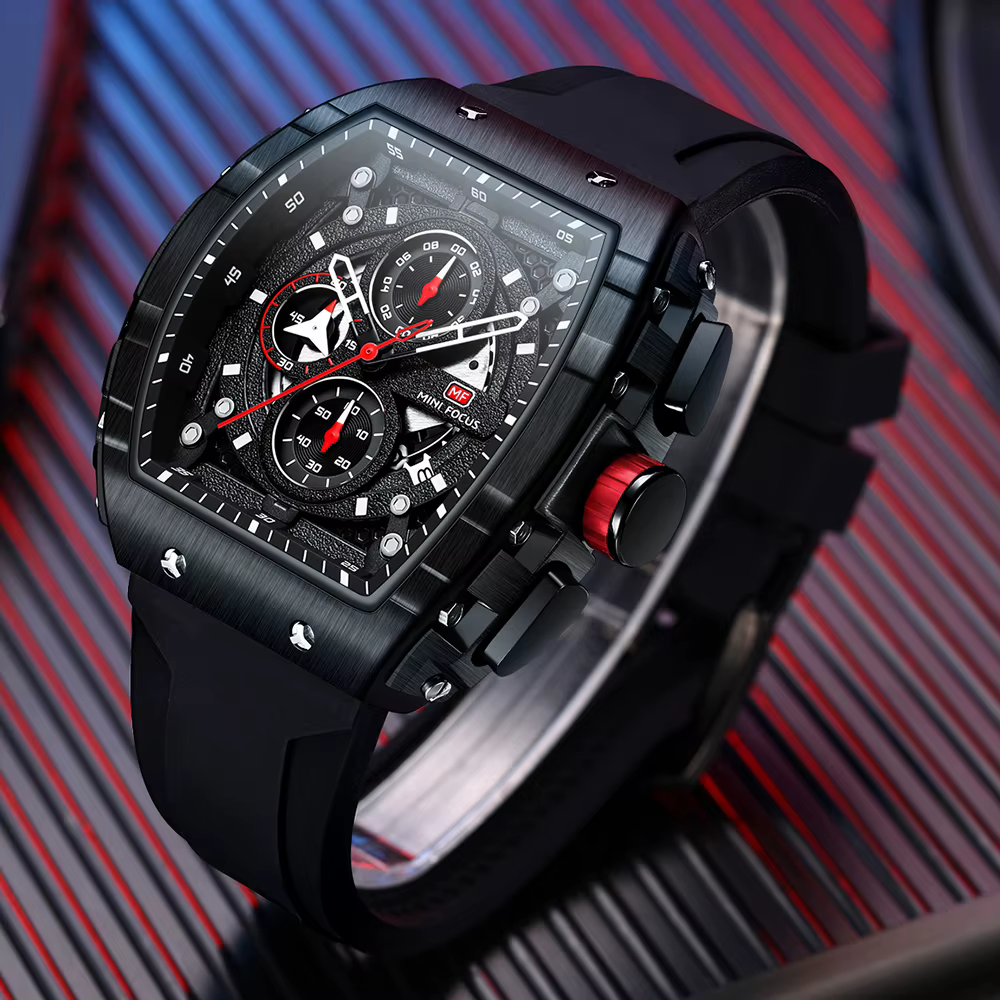MINI FOCUS chronographe montre à Quartz pour hommes cadran Tonneau montre-bracelet de Sport militaire mâle avec bracelet en Silicone Orange Date automatique