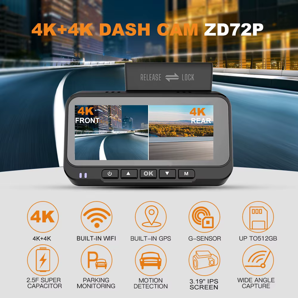 Caméra embarquée BEPOCAM 4K+4K avec GPS intégré, WIFI, vision nocturne IR, surveillance de stationnement 24H, carte 64G offerte