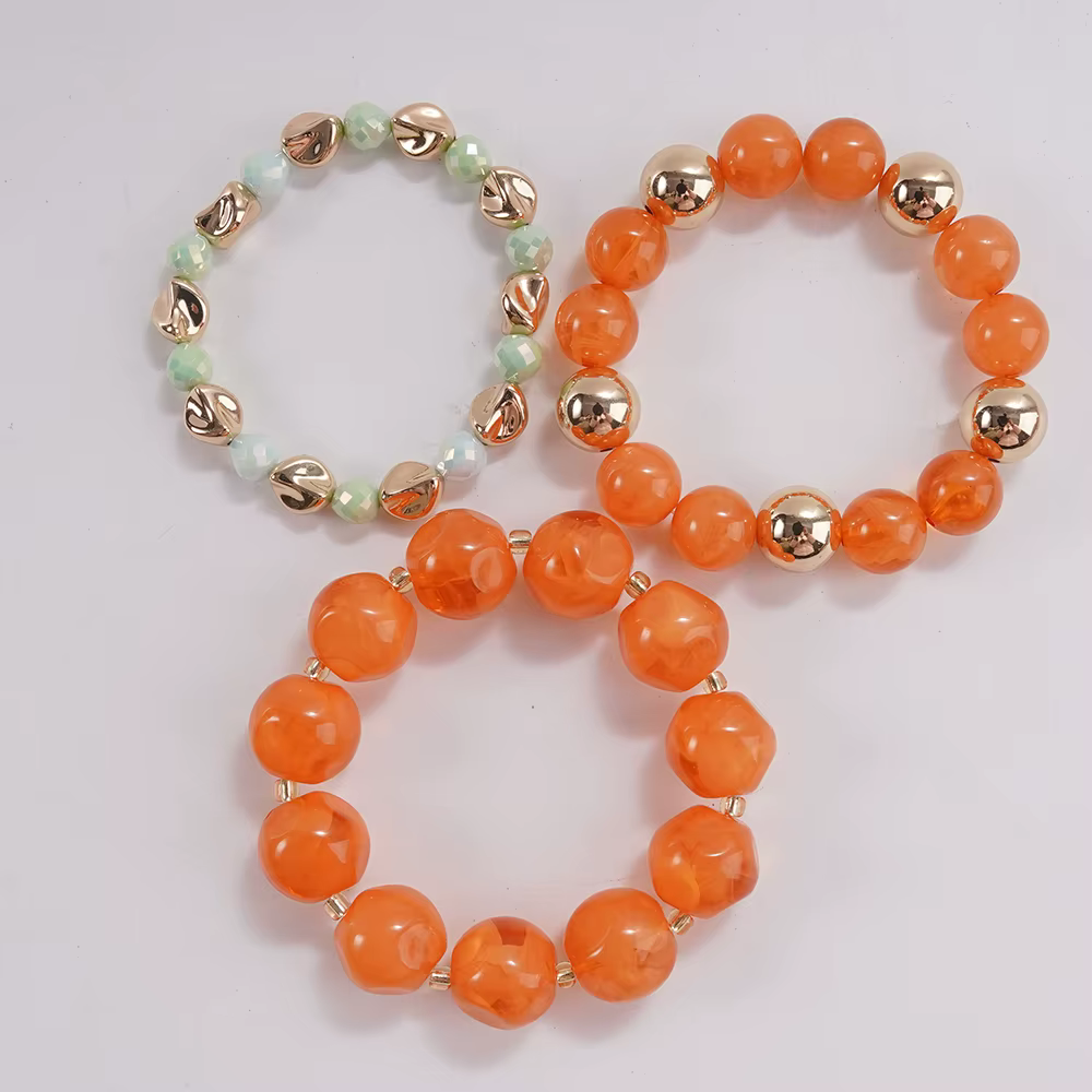 Ensemble de 3 Bracelets Perles Orange Vif – Bijoux Audacieux et Empilables pour Tenues Élégantes et Rendez-vous Décontractés