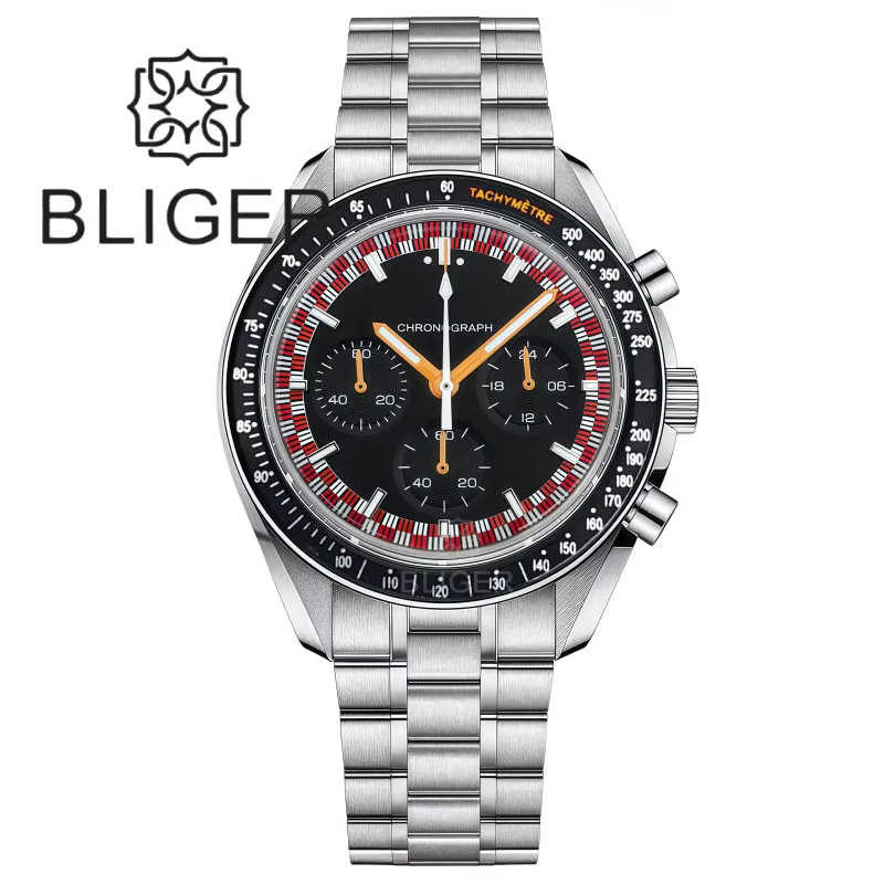 BLIGER 39mm Vintage lune chronographe montre pour hommes VK63 mouvement à Quartz en acier inoxydable bulle cristal étanche vert lumineux