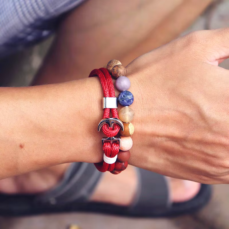 Bracelet en corde tressée pour hommes, ancre nautique, bicouche, couleur argent, crochet de qualité A, cordon Minlan, Bracelet d'enveloppe, bijoux de plage, de surf