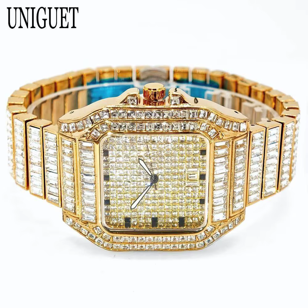 Montre en or de luxe pour hommes marque de mode UNIGUET Hip Hop pleine Baguette diamant bijoux Quartz montre-bracelet Mans Relogio Masculino