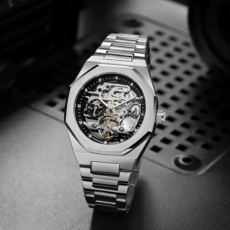 Montre mécanique automatique de luxe pour homme, design hexagonal unique et élégant, bracelet en acier inoxydable, cadeau idéal pour lui, montre de luxe pour homme |   Bracelet à la mode |   Cadran tr