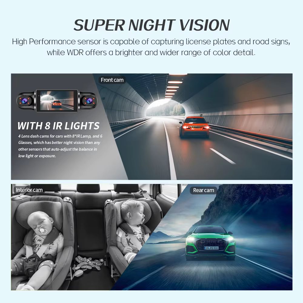 Moniteur de stationnement WiFi GPS 24h, caméra de tableau de bord pour enregistreur de conduite de voiture, 4 objectifs FHD 1080P DashCam, tachygraphe de Vision nocturne 64 go 360 °   DVR de voiture