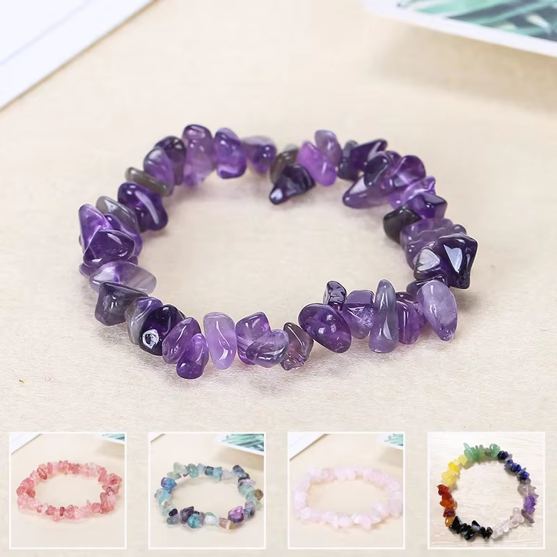 Bracelet en gravier naturel, perles extensibles, améthyste, cristal Rose, Quartz, Chakras, cadeau pour femmes
