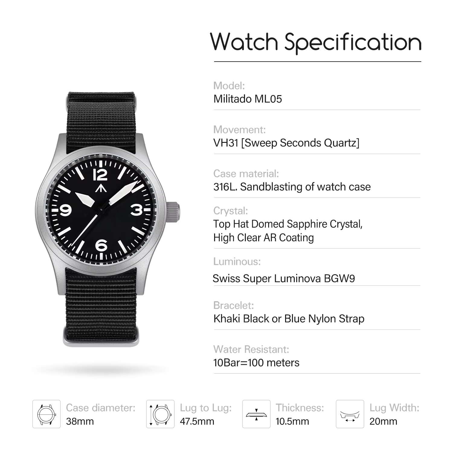 Militado nouveau ML05 balayage secondes mouvement VH31 saphir Super-LumiNova BGW9 haute transparence AR revêtement 38mm montres Vintage