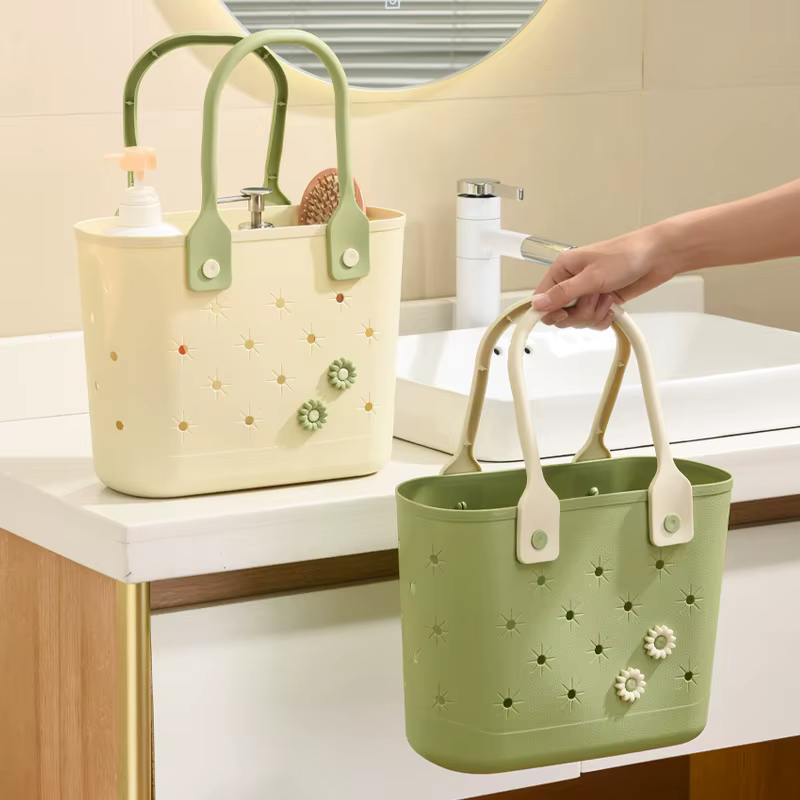 Panier de pique-nique portable pour usage extérieur et domestique avec fond souple, drainage et rangement pour articles de toilette et articles de salle de bain