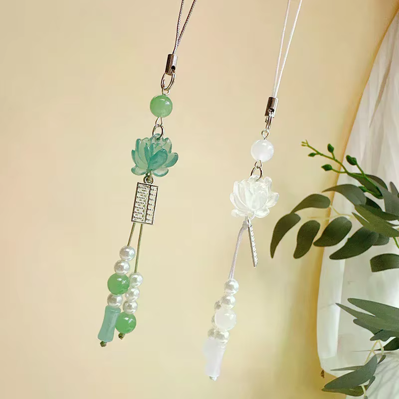 Accessoires de style chinois, cadeaux, chaîne de caméra, pendentif de sac, pendentif fleur de lotus, porte-clés, chaîne de téléphone, décoration de perles