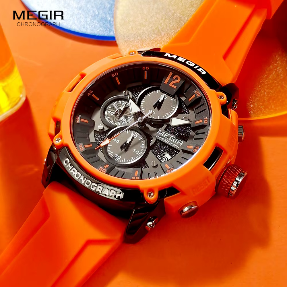 MEGIR Orange Sport montres pour hommes mode étanche lumineux chronographe Quartz montre-bracelet avec Date automatique bracelet en Silicone 2208