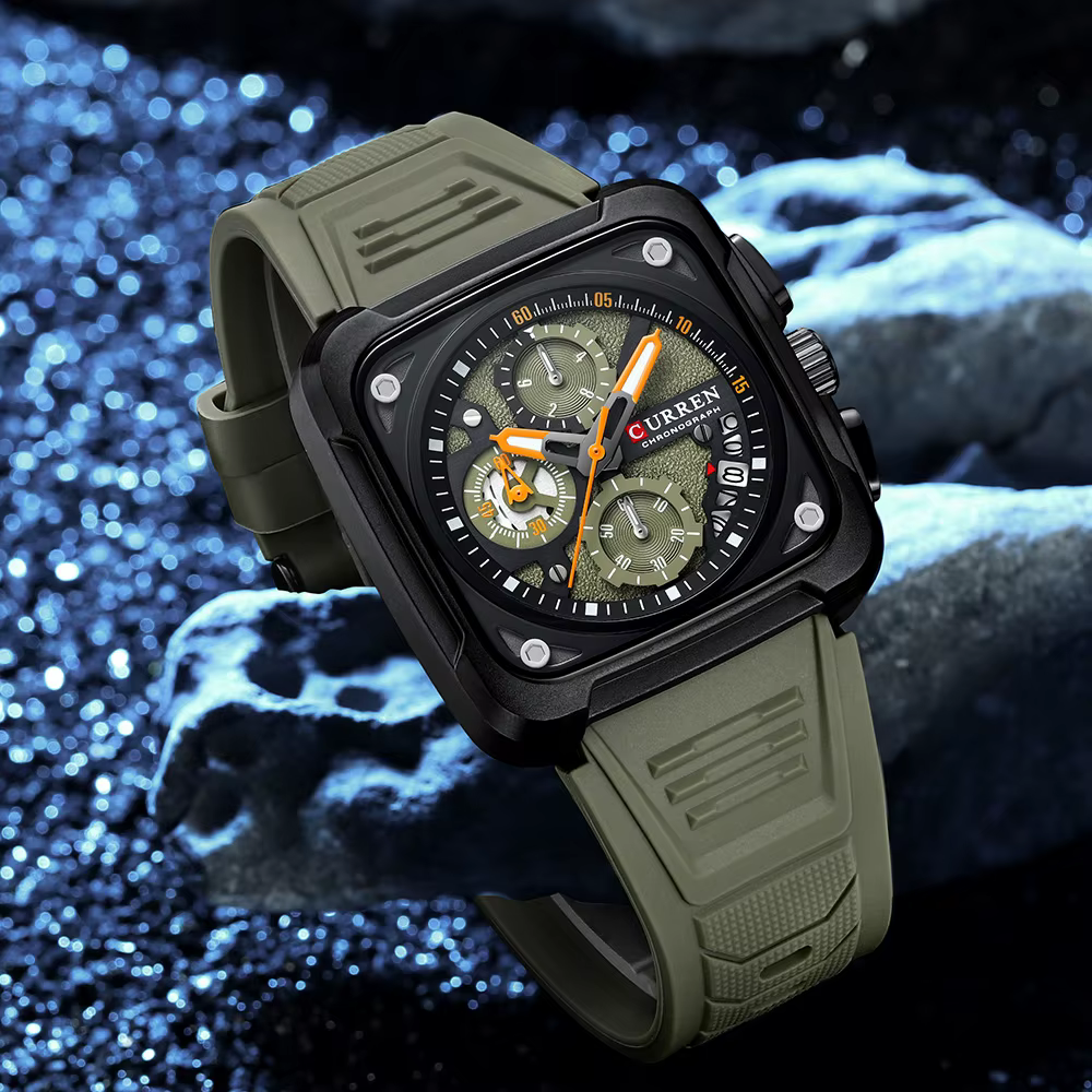 CURREN montres pour hommes marque sportive cadran carré Unique avec chronographe montre-bracelet à Quartz pour homme avec bracelet en Silicone étanche