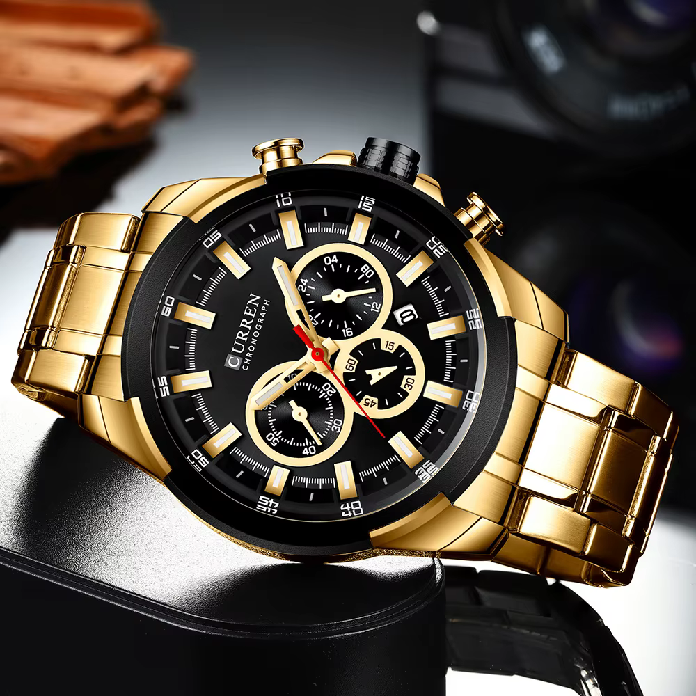 CURREN montre chronographe pour hommes 48mm grand cadran avec bracelet en acier inoxydable triple sous-cadrans montre-bracelet de Sport à Quartz de luxe