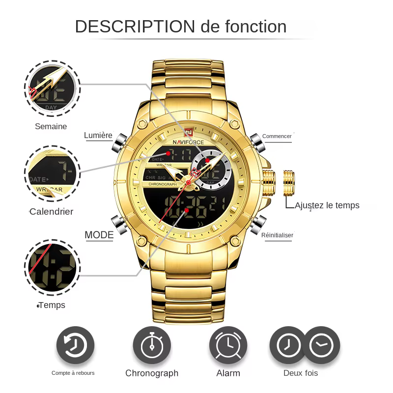 NAVIFORCE 9163 montre-bracelet de Sport originale de luxe pour hommes Quartz acier étanche double affichage montres mili