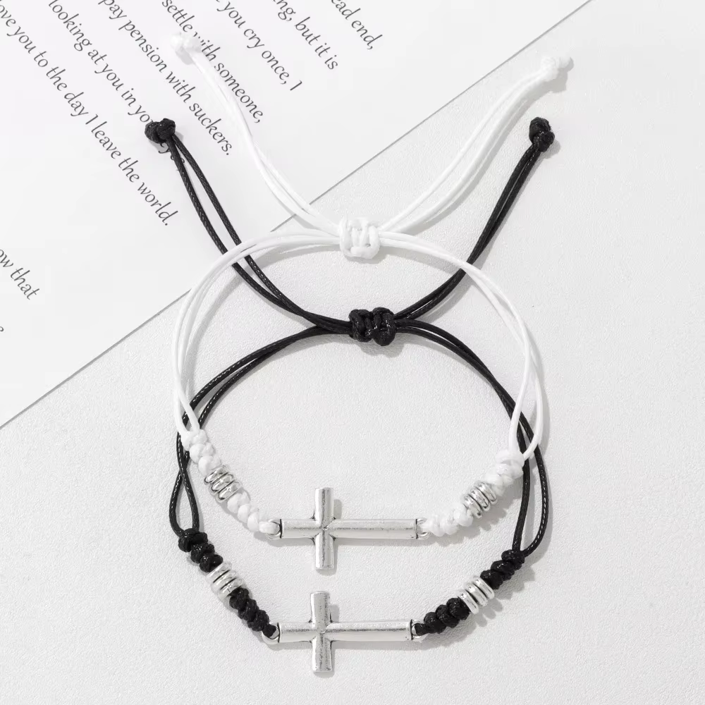 Bracelet de bénédiction croisé fait à la main pour femmes et hommes, ULde chaîne de rette noire et blanche, ULd'avertissement, bracelets de couple, bracelet réglable, cadeaux, ensemble de 2 pièces