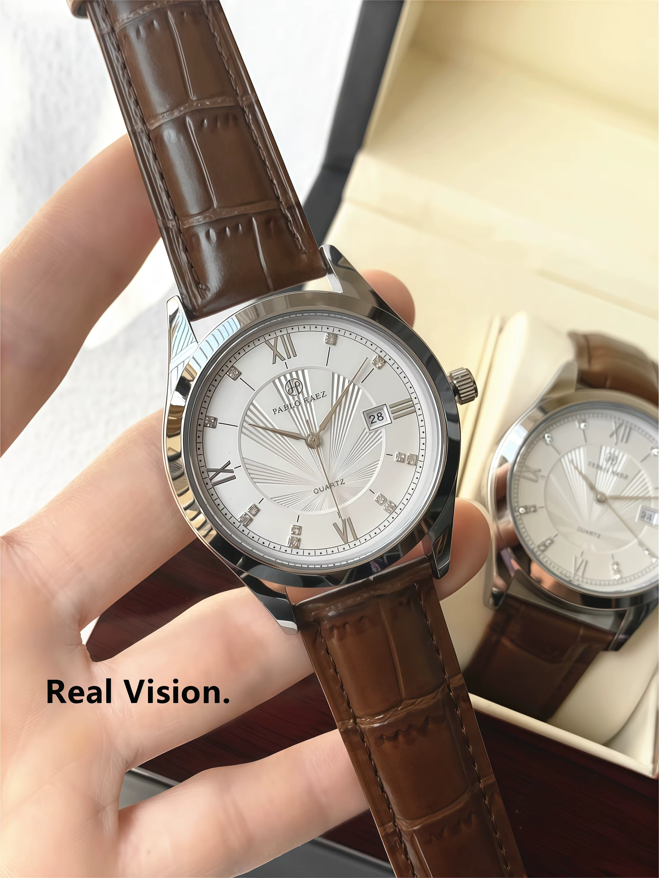 PABLO RAEZ vraies Photos haut de gamme de luxe homme montre-bracelet étanche diamant Date montre en cuir Quartz mode
