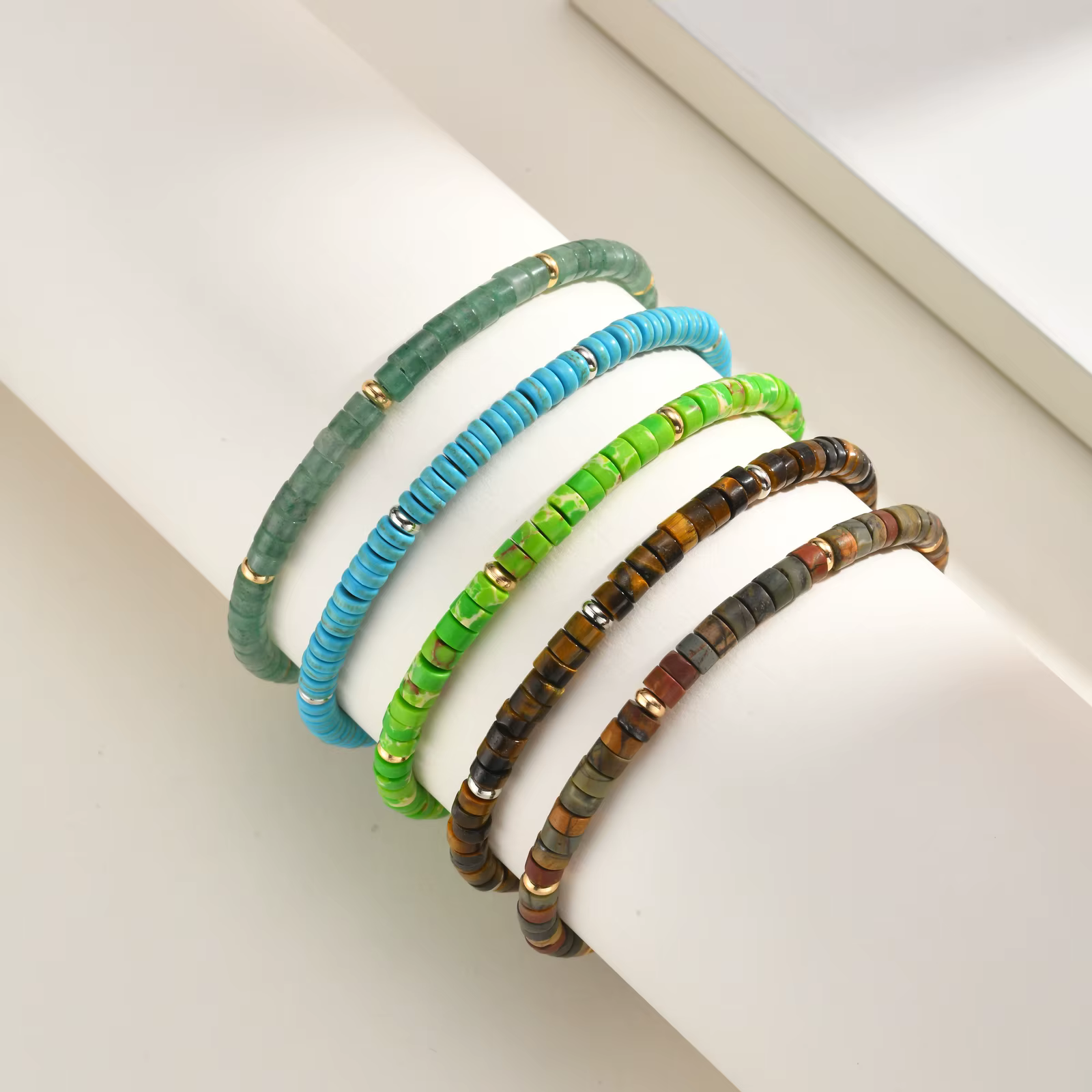 Bracelet en perles Heishi en pierre naturelle pour femmes et hommes, cordon tressé réglable, bijoux empilables faits à la main, style bohème surfer