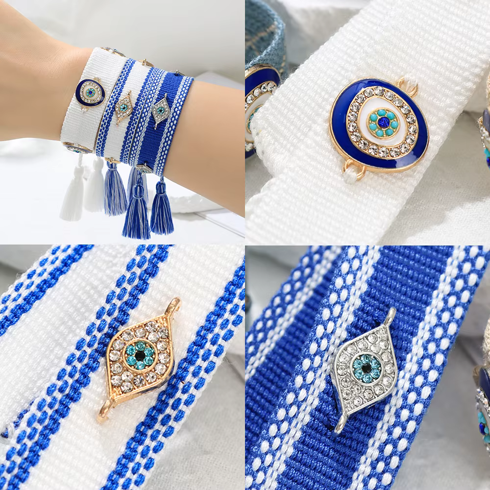 Bracelets tissés mauvais yeux avec breloques, bracelets empilables en tissu