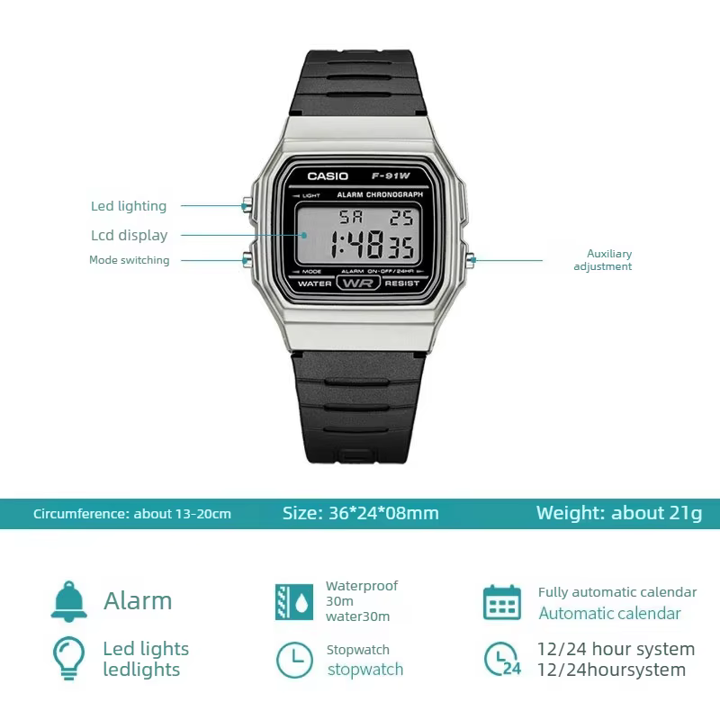 CASIO F-91WM-7A Montre simple rétro avec petit écran LCD carré