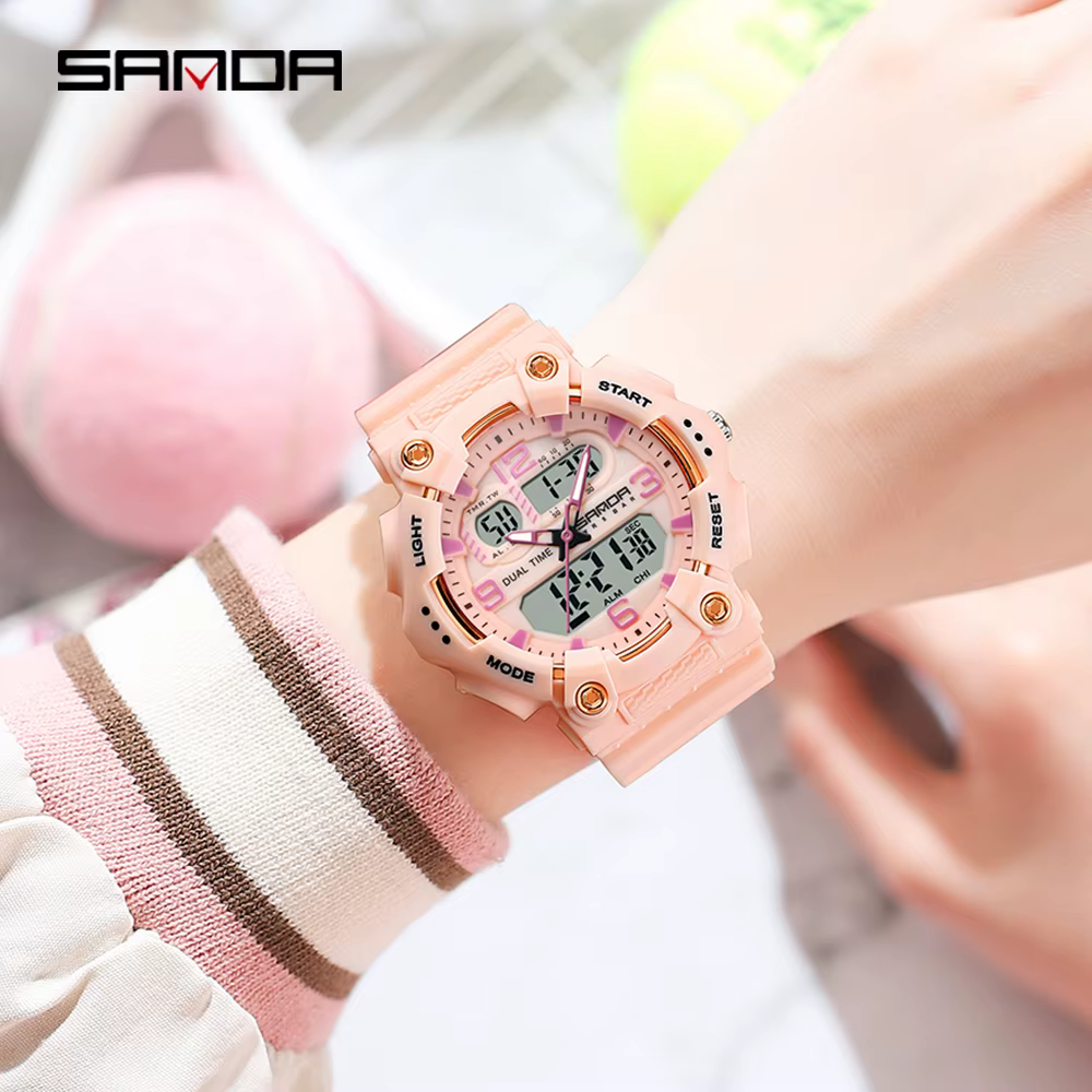 SANDA 6179 nouveau femmes Sport Quartz montre électronique double affichage multi fonctionnel LED veilleuse étanche