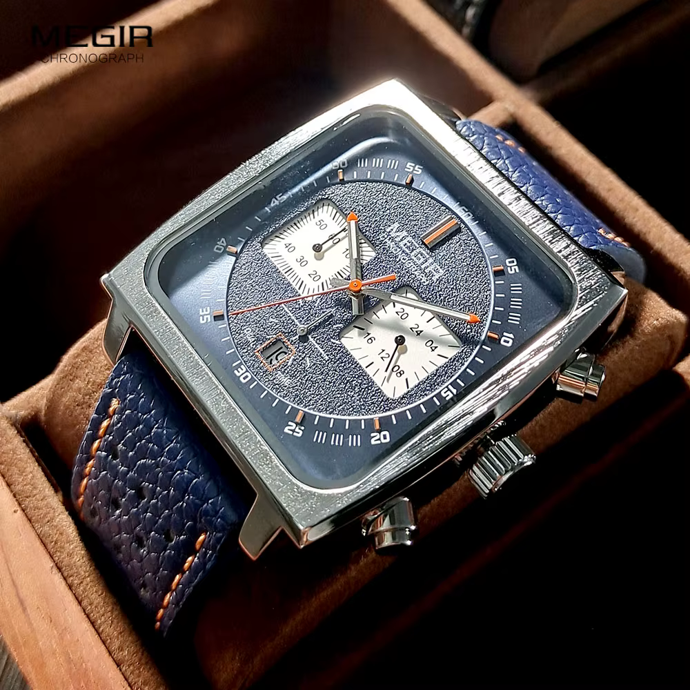 Montre MEGIR à cadran carré bleu pour homme