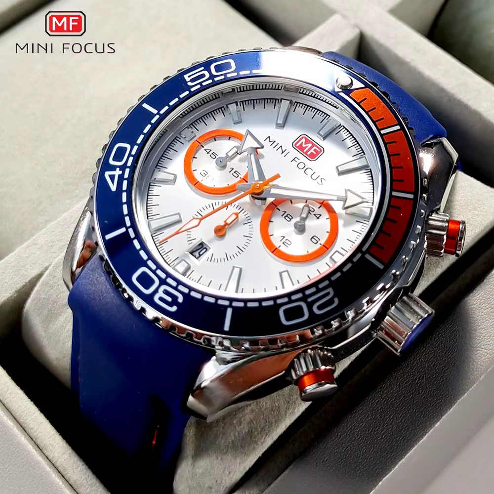 MINI FOCUS chronographe montres à Quartz pour hommes montre-bracelet de Sport de mode avec Date automatique indicateur 24 heures bracelet en Silicone bleu 0426