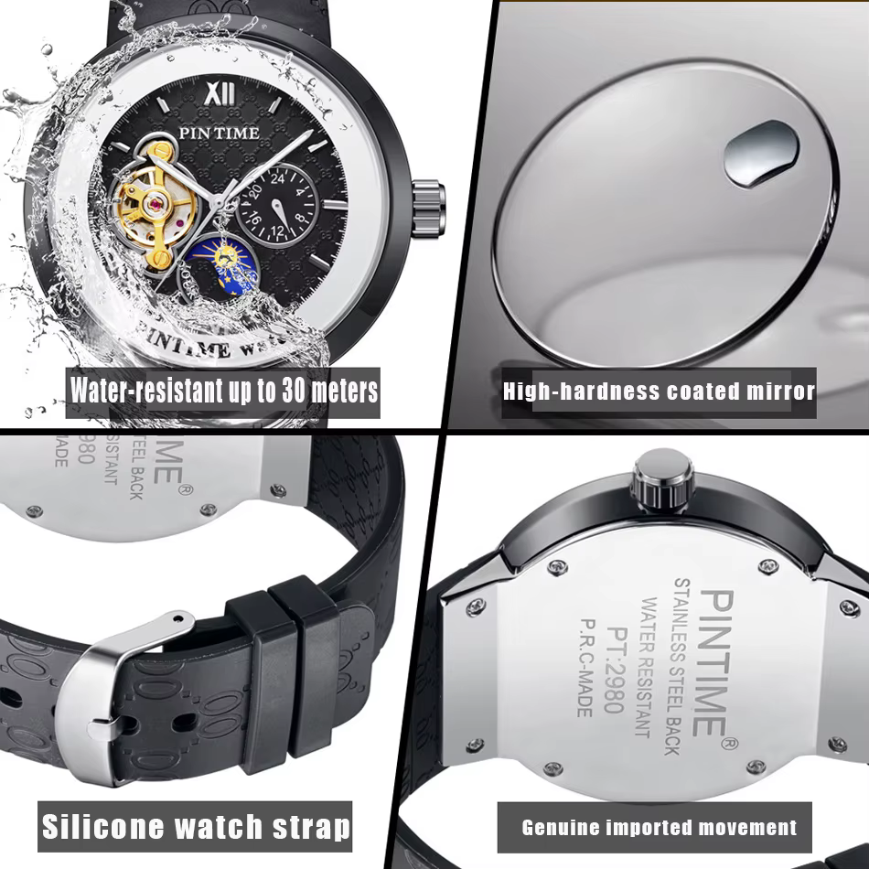 Montre mécanique classique noire avec affichage des étoiles et de la lune