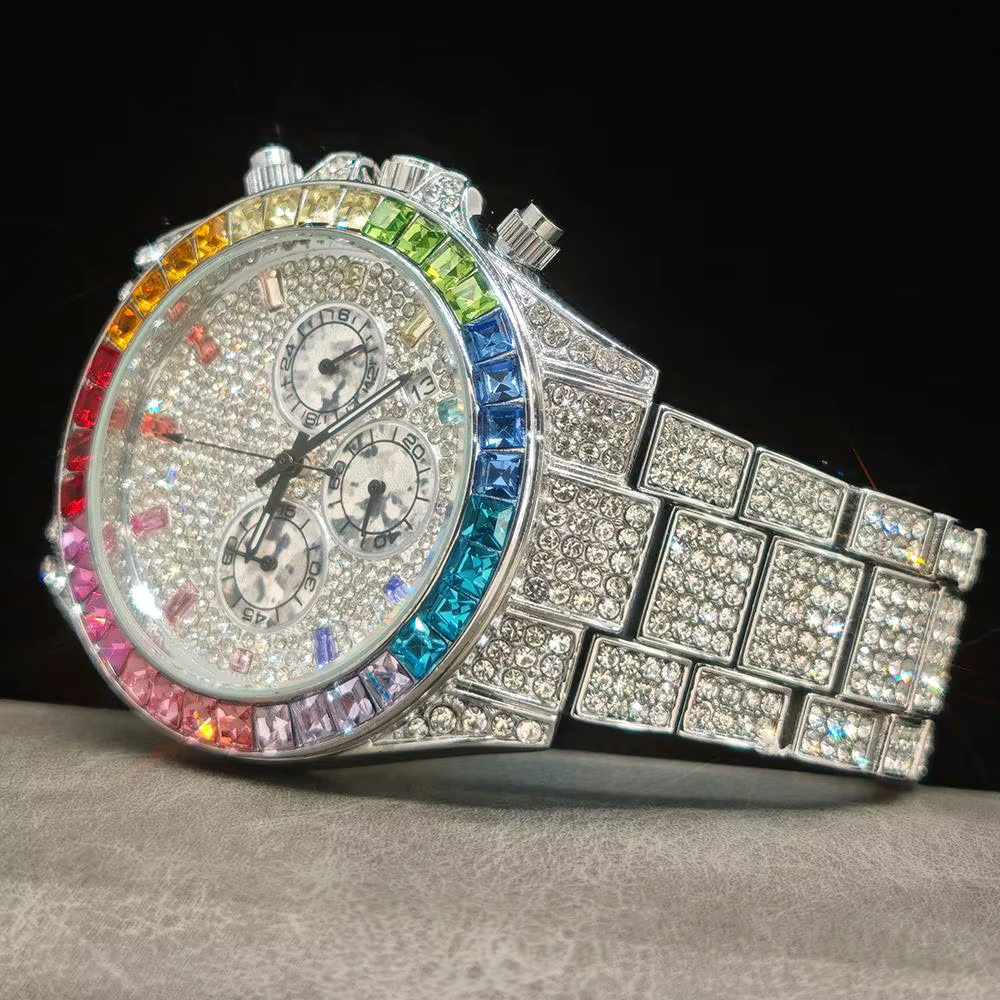 Mode glace montres hommes marque UNIGUET luxe en acier inoxydable Hip Hop arc-en-ciel diamant Quartz montre-bracelet mâle cadeau livraison directe