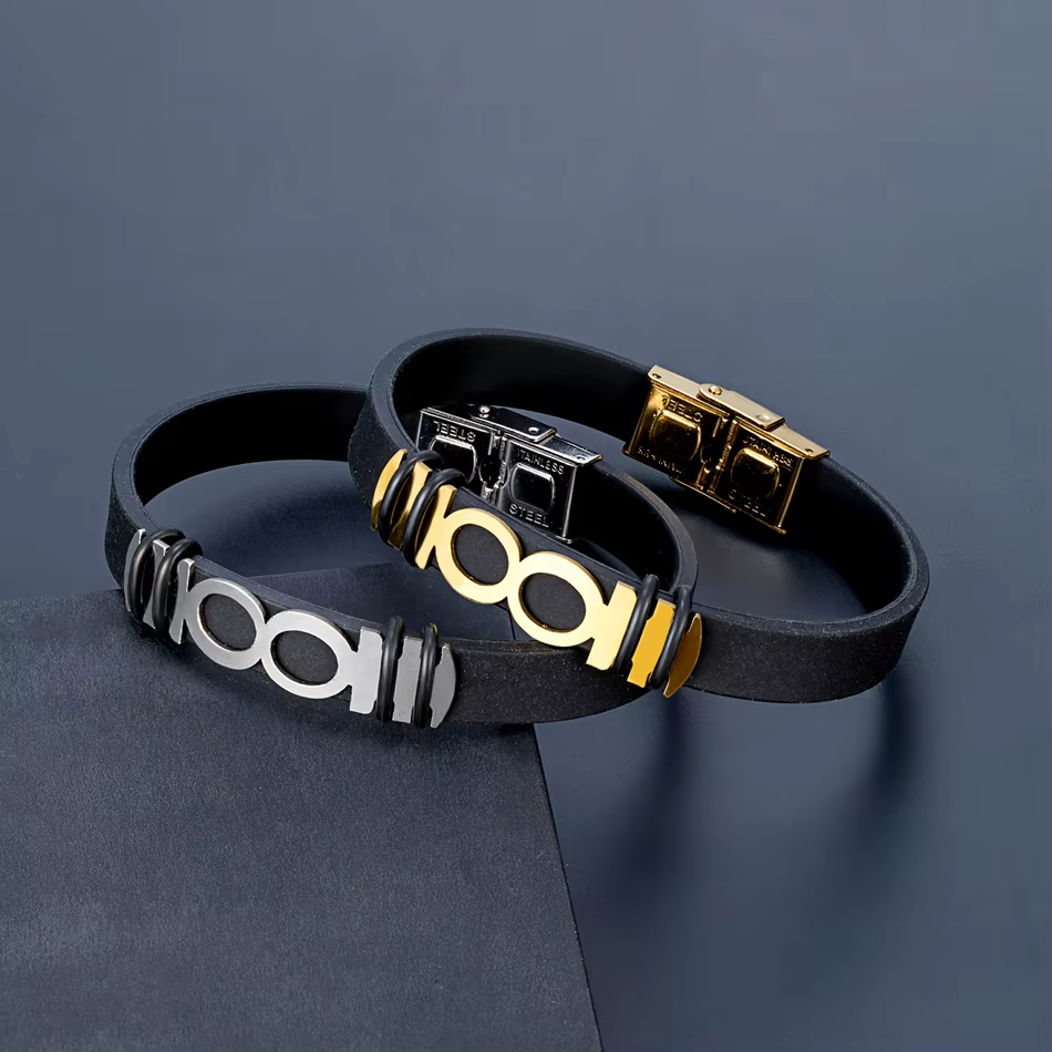 Bracelet infini pour homme et femme, bracelet en silicone noir avec incrustation en acier inoxydable, 8 symboles de l'amour éternel et de la promesse à jamais
