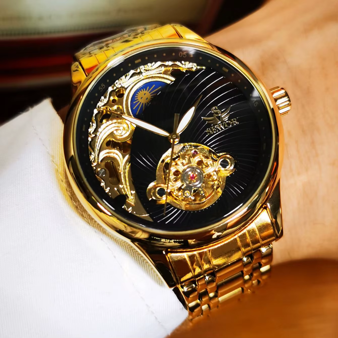 AOKULASIC or squelette montre pour hommes rétro Phase de lune Tourbillon automatique montres mécaniques de luxe en acier inoxydable bande lumineuse