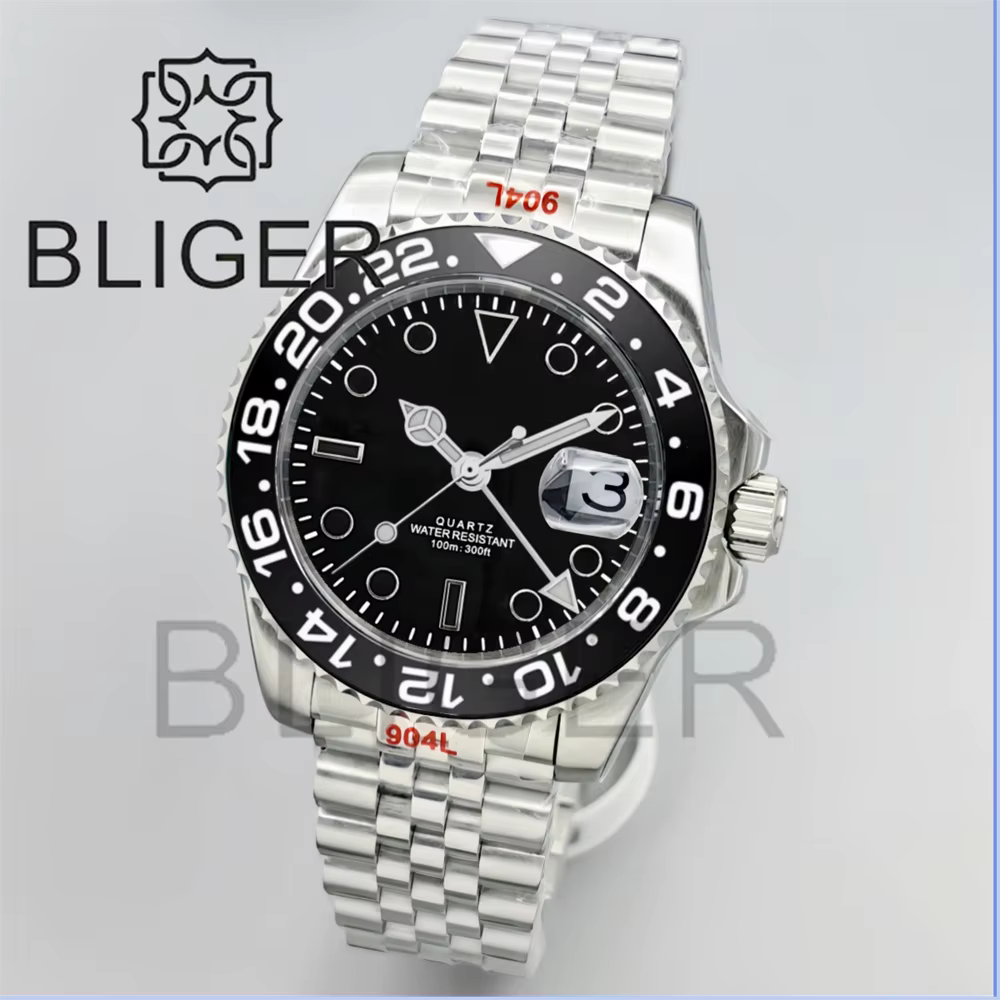 BLIGER 40mm GMT montres pour hommes 100M étanche Logo personnalisé céramique verre saphir acier inoxydable affaires