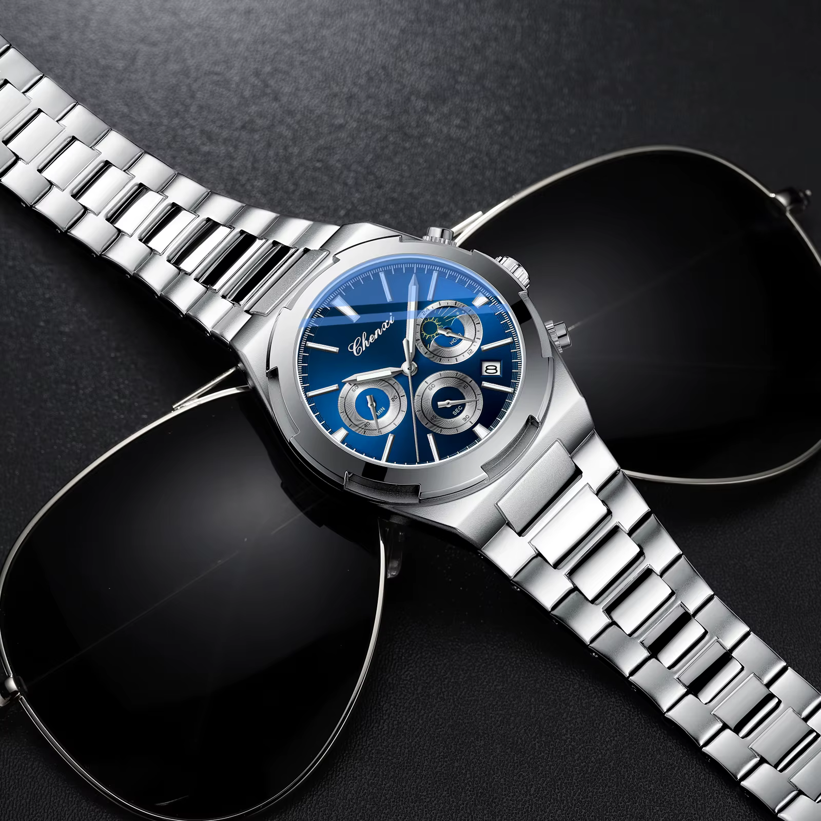 Montres pour hommes classique multifonctionnel chronographe montre de sport haut de gamme en acier inoxydable étanche lumineux montre-bracelet à Quartz