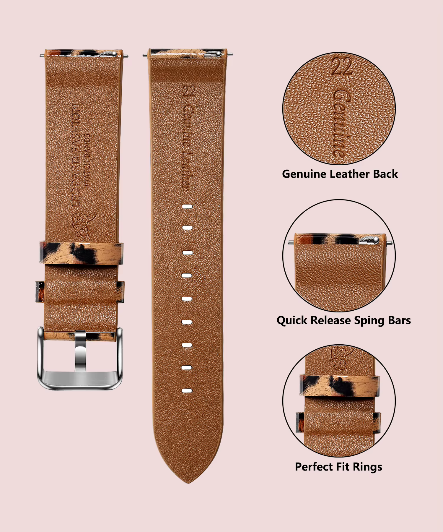 Bracelet de montre en cuir léopard à dégagement rapide, 20mm 22mm, pour femmes