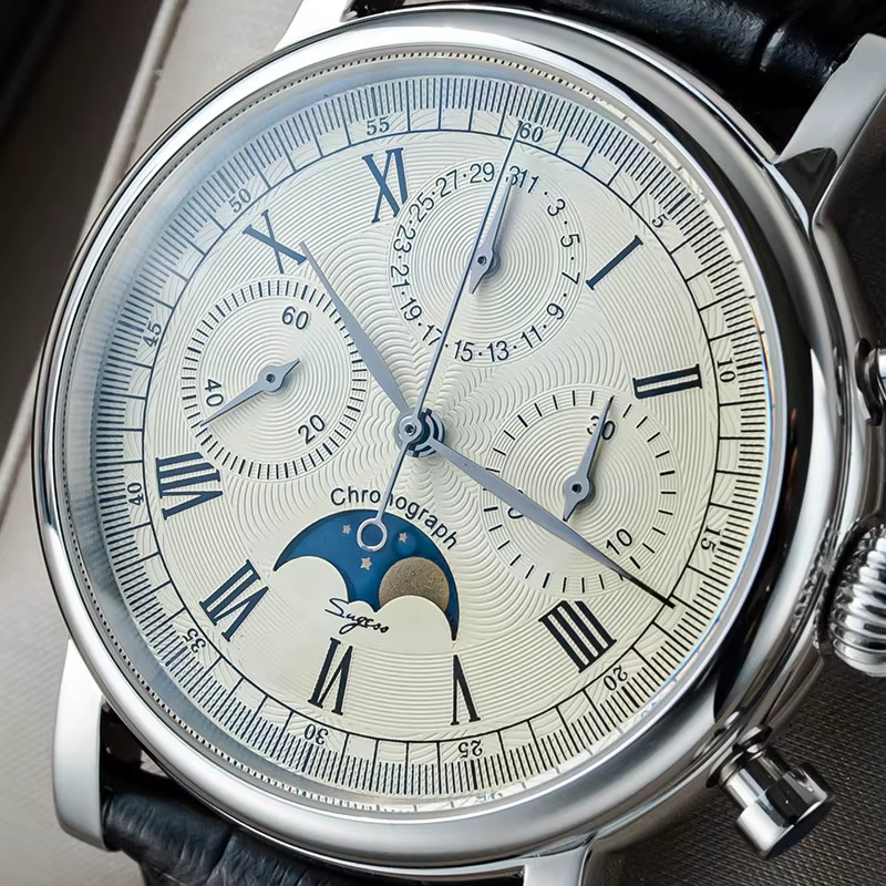 Sugess – montre-bracelet pour hommes, ST1908, mouvement à col de cygne, chronographe mécanique, véritable calendrier de phase de lune, cuir Vintage, nouveau 2023