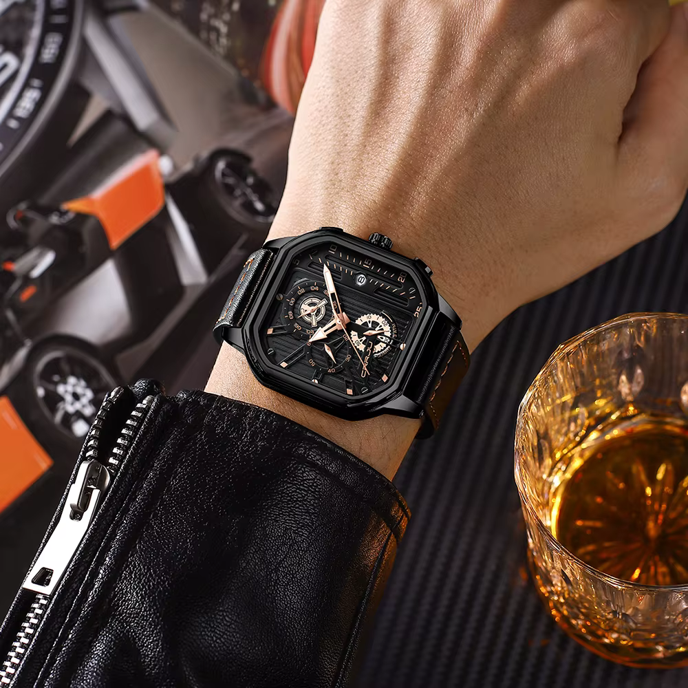 CRRJU mode cadran carré en cuir hommes montres de luxe Sport montre étanche Homme chronographe Quartz
