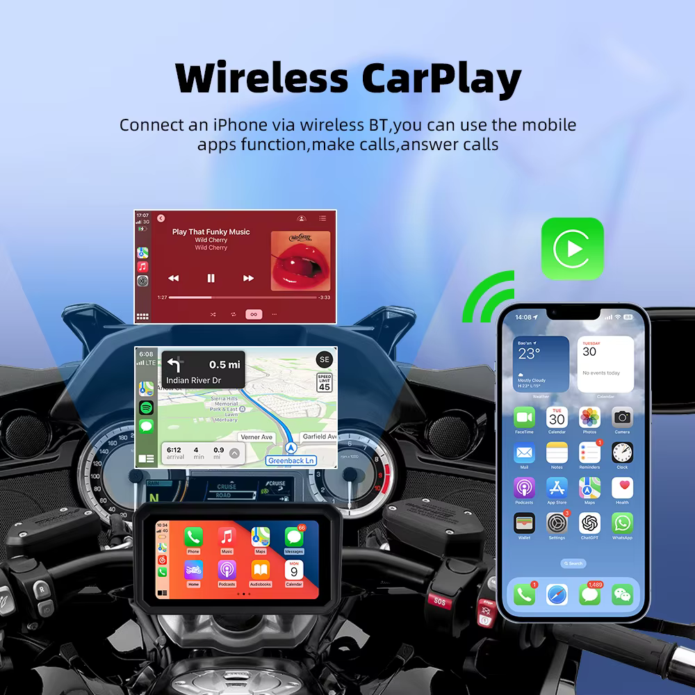EKIY Android 14.0 4+64GB 6 pouces Navigation GPS pour moto avec Carplay, Nouveau Carplay sans fil Apple, Android Auto, Écran tactile, GPS pour moto
