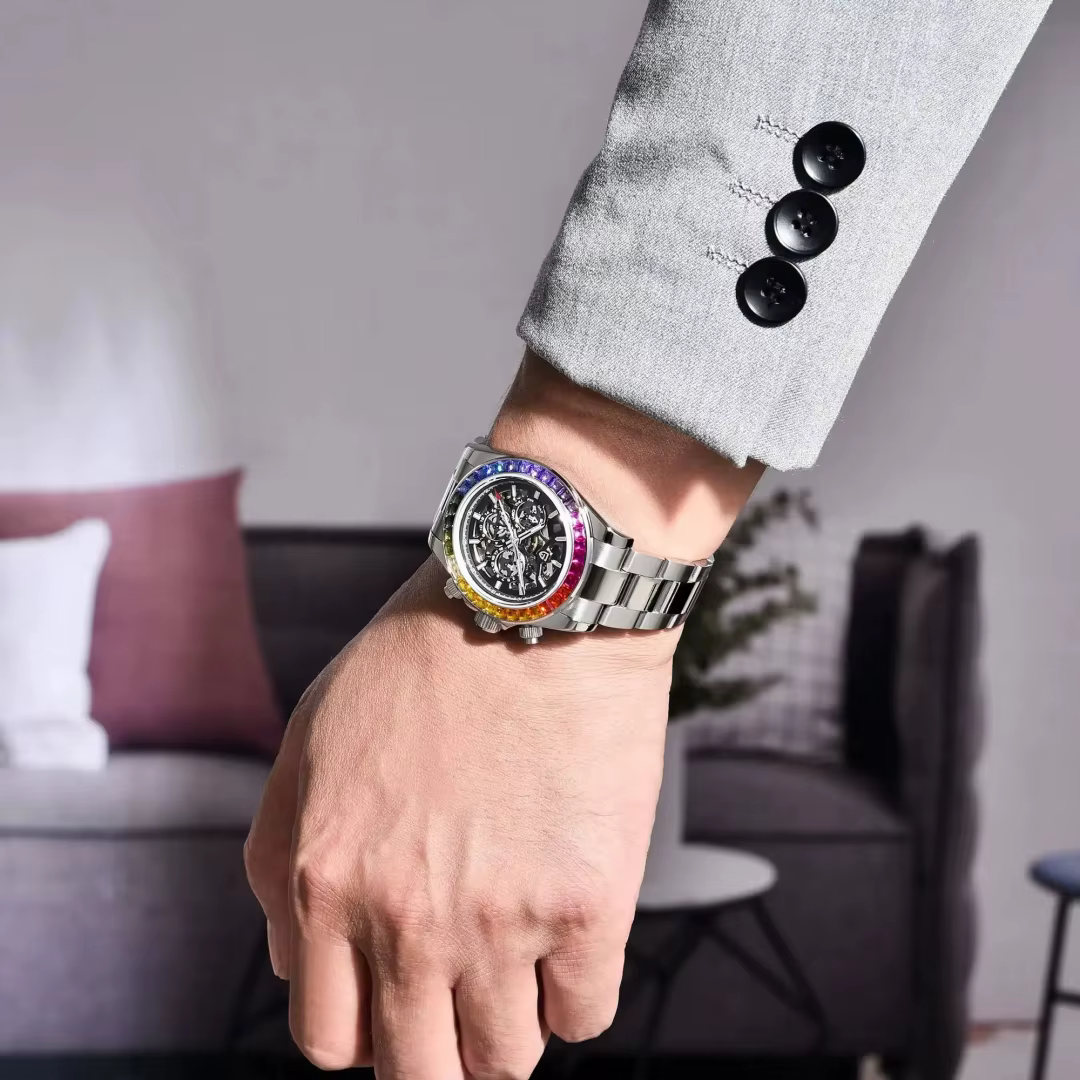 Montre mécanique automatique pour homme PAGANI DESIGN avec lunette sertie de pierres précieuses colorées