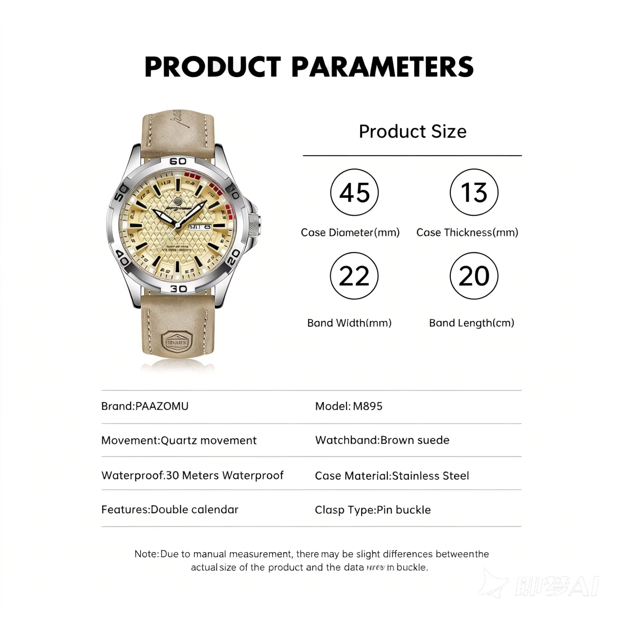 Paazomu Montre à quartz pour homme avec fenêtre de date et jour