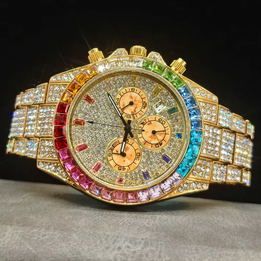 Vente chaude mode montre en or pour hommes marque UNIGUET Hip Hop arc-en-ciel diamant brillant bijoux Quartz montre-bracelet mâle livraison directe